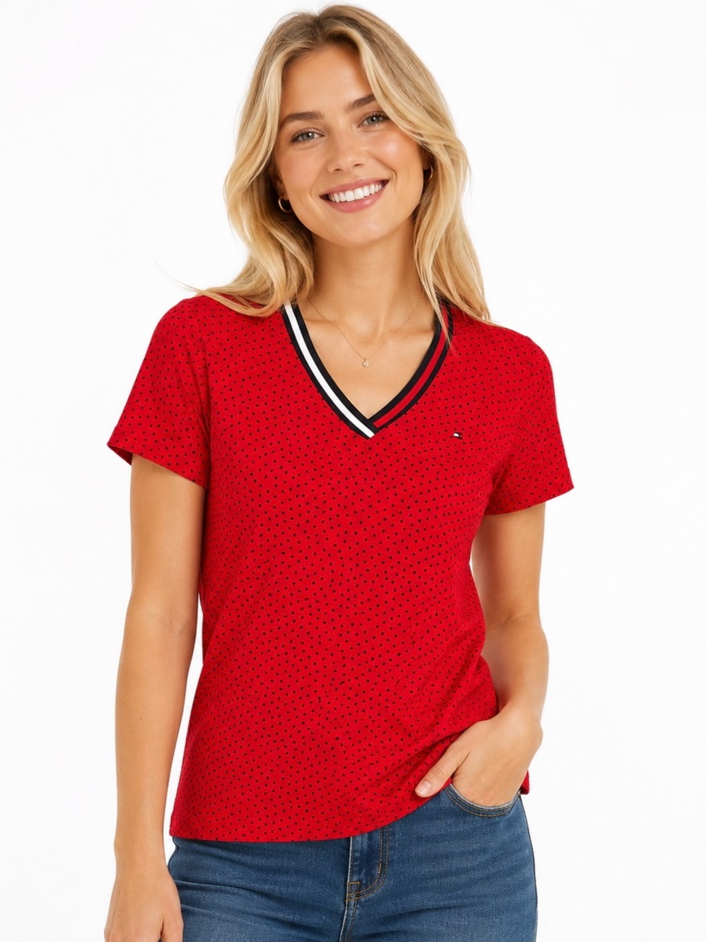 Tommy Hilfiger Red Short Sleeve V-Neck Top with Navy Trim